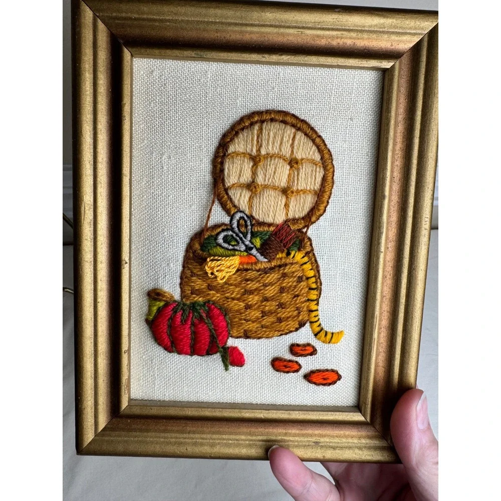 Vintage Framed Crewel Embroidery‎ Art Grandmacore Sewing Room Basket Handmade